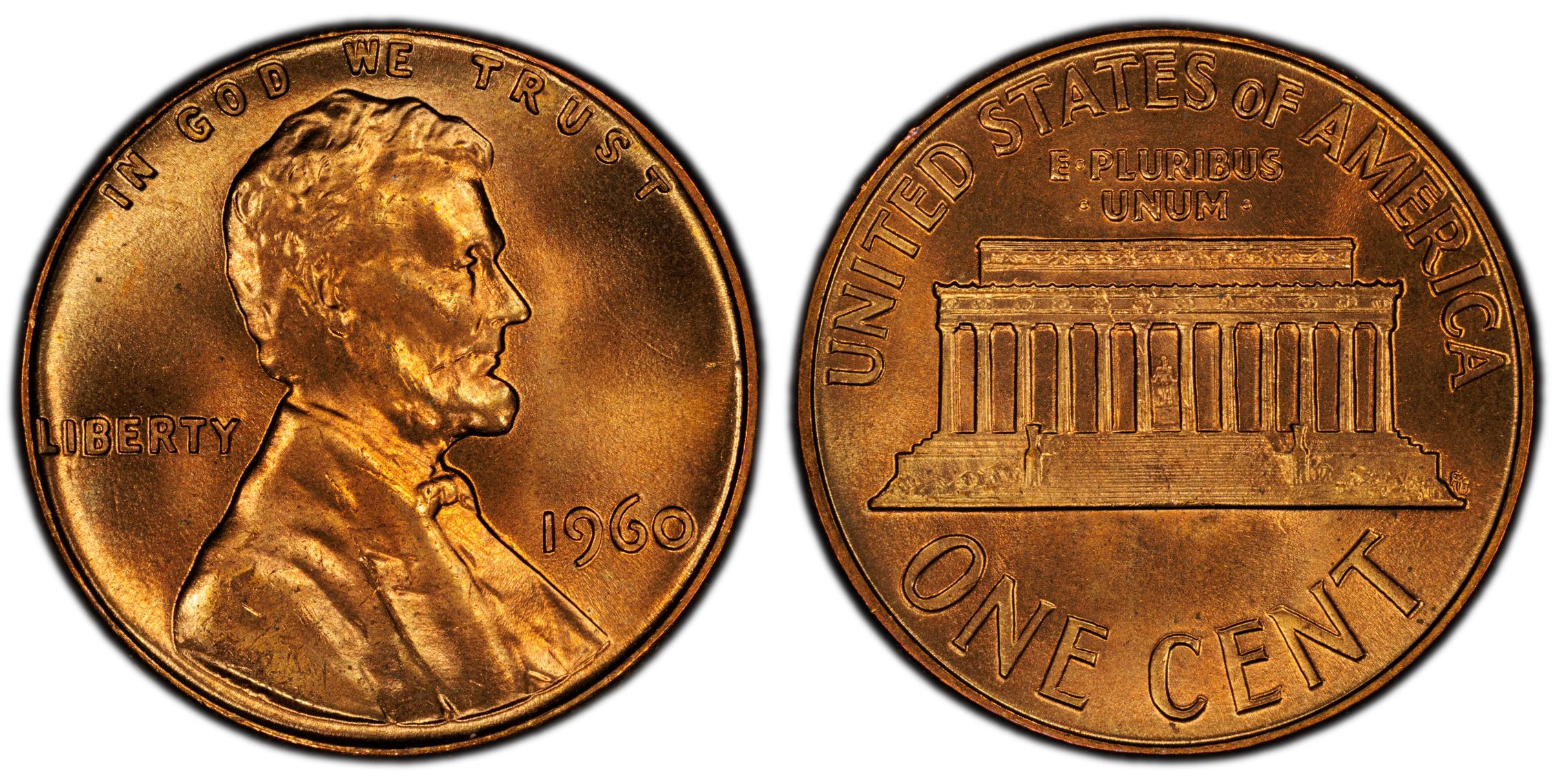 1960 Lincoln penny grading strip showing four condition tiers from heavily circulated through gem MS65 Red