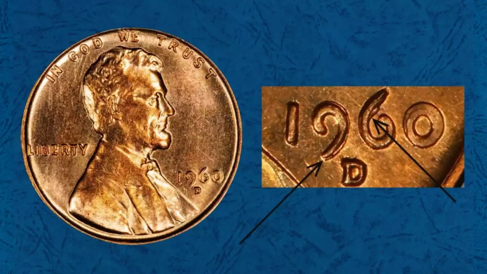 1960-D/D Small Over Large Date overdate penny macro showing shadow of larger date digits beneath primary date and secondary D mintmark impression