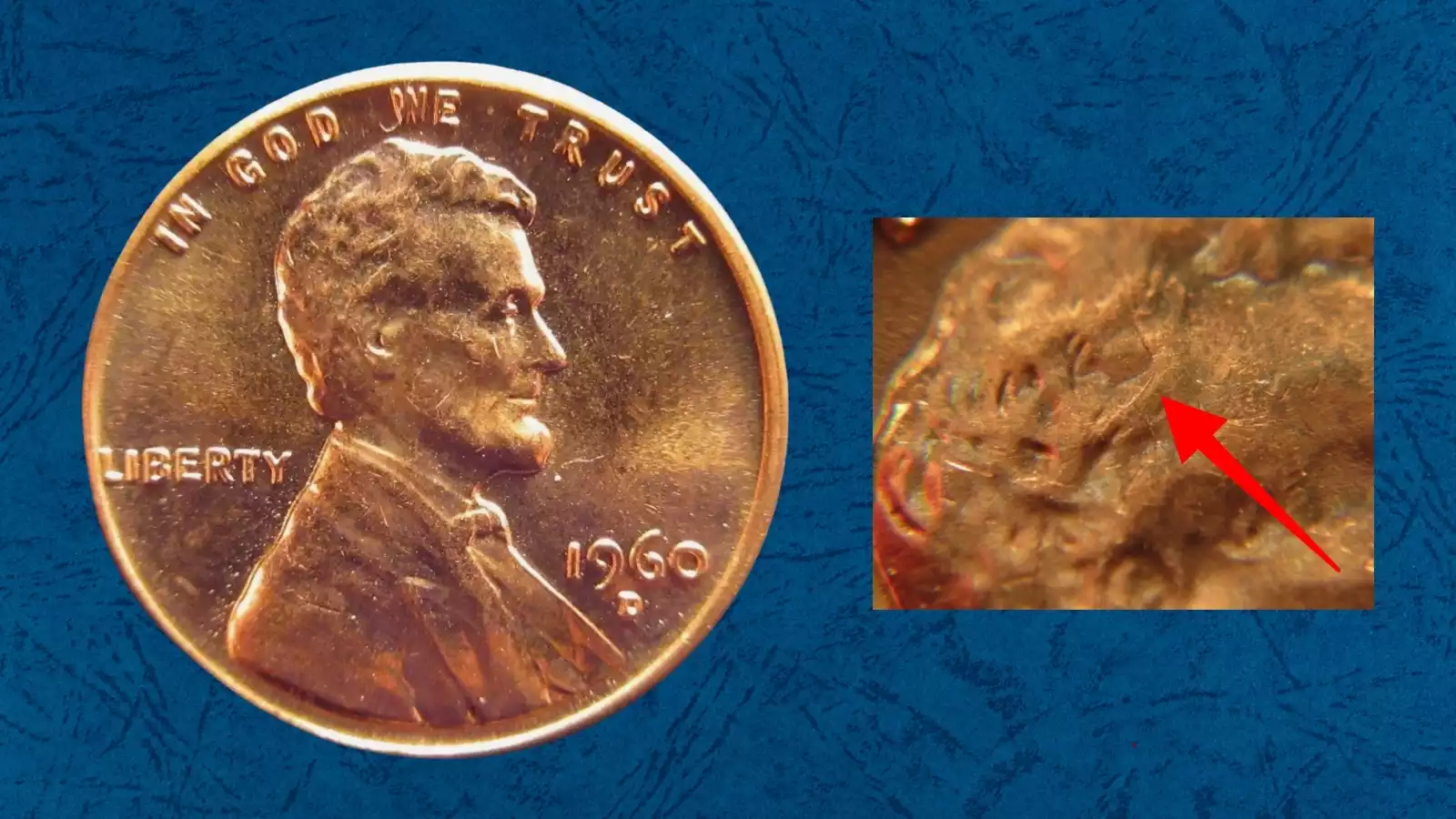 1960 Lincoln penny BIE die crack variety showing raised vertical line between B and I in LIBERTY inscription on obverse